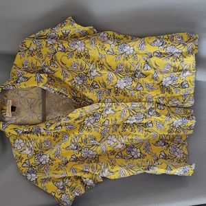 Yellow with blue bird print linen buttom down